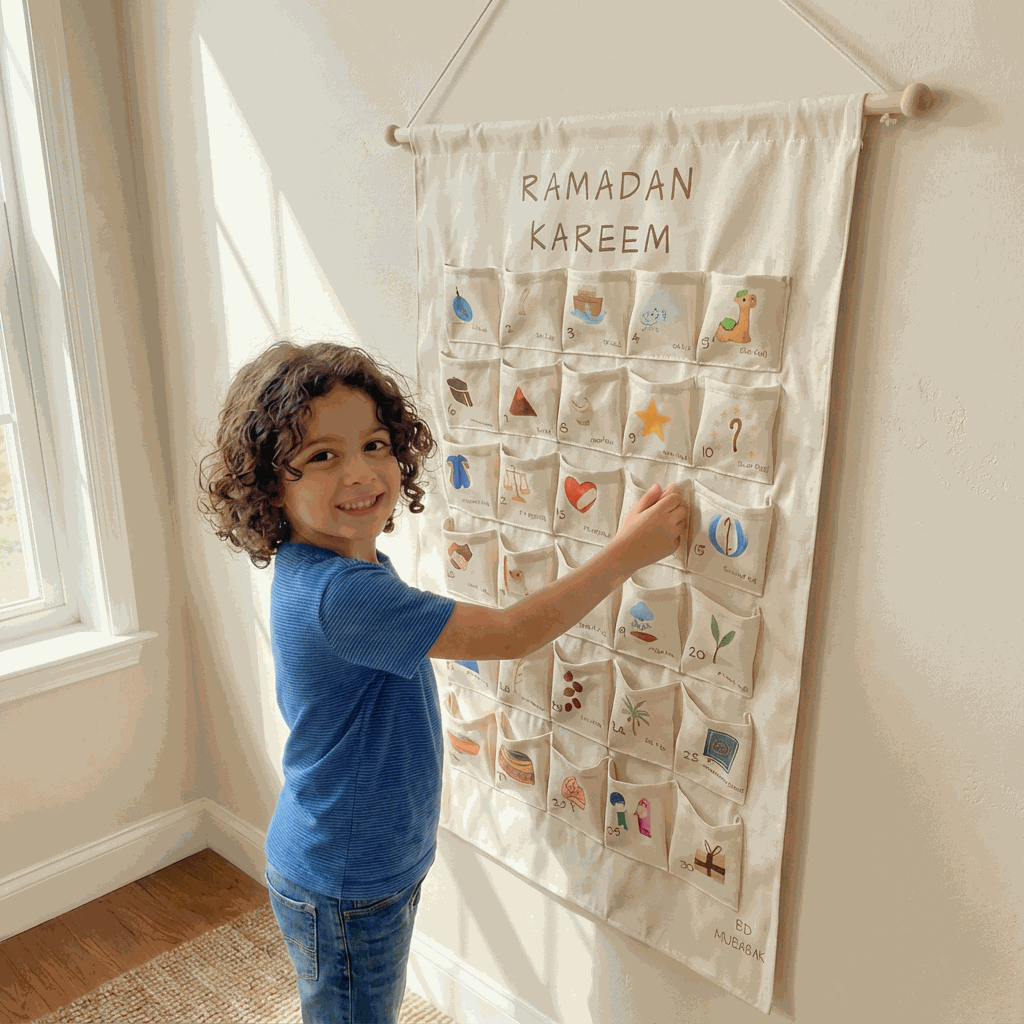 Calendrier du ramadan mural tissu avec poches illustrées pour rituel quotidien enfant parent.