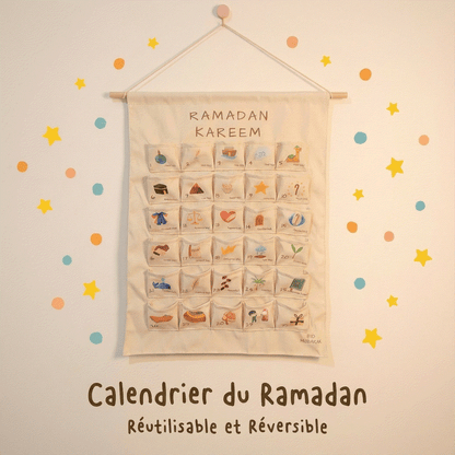Calendrier du Ramadan réutilisable avec 25 poches illustrées pour rituel familial et décoration Eid Mubarak